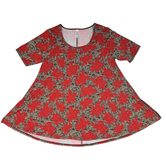 LuLaRoe Perfect Tee Shirt Red Black Tan Floral Print Short Sleeve Oversized Top - Picture 9 of 13